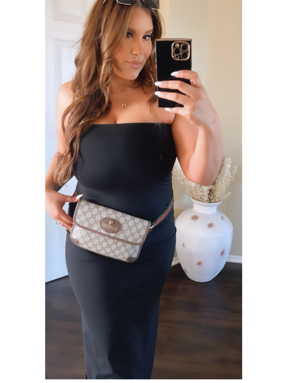 Gucci Beige Brown GG Supreme Crossbody Belt Bag with Green-Red Web Strap